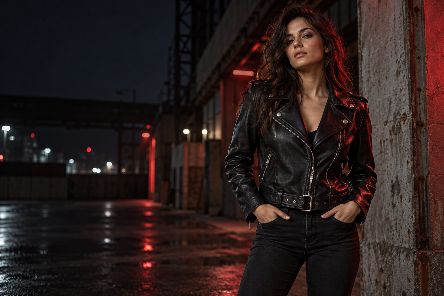 Adult wearing a black asymmetric leather biker jacket in an industrial setting